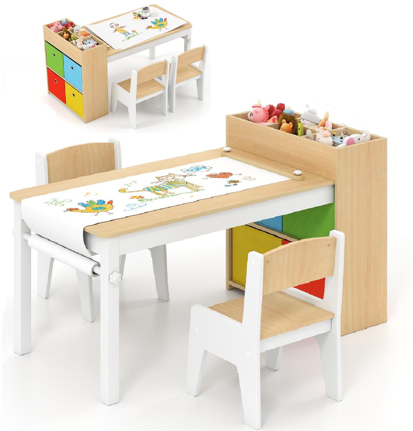 OLAKIDS Kids Table and Chair Set, Toddler Art Craft Play Wood Activity Desk with 2 Chairs 4 Storage Canvas Bins Paper Roll