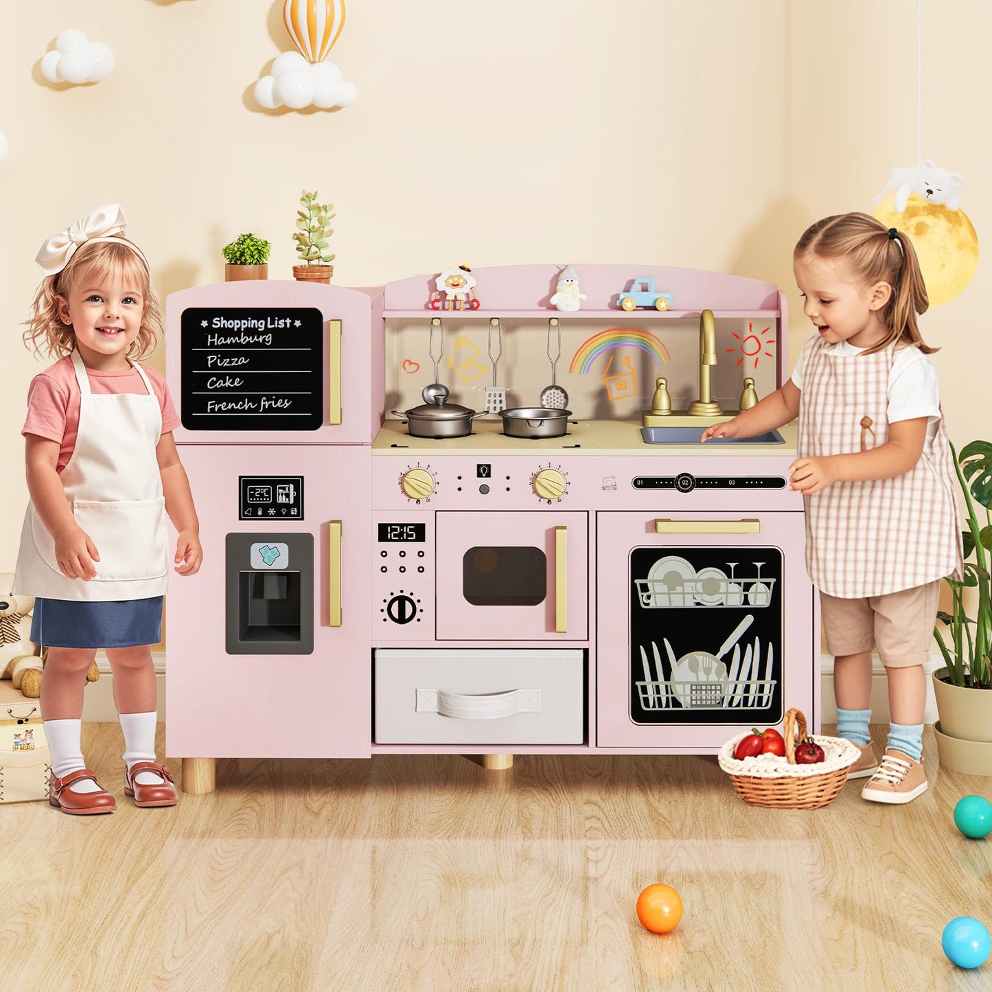 OLAKIDS Kids Kitchen Playset, Toddler Wooden Pretend Cooking Toy Set with Acrylic Drawing Board Ice Machine Dishwasher