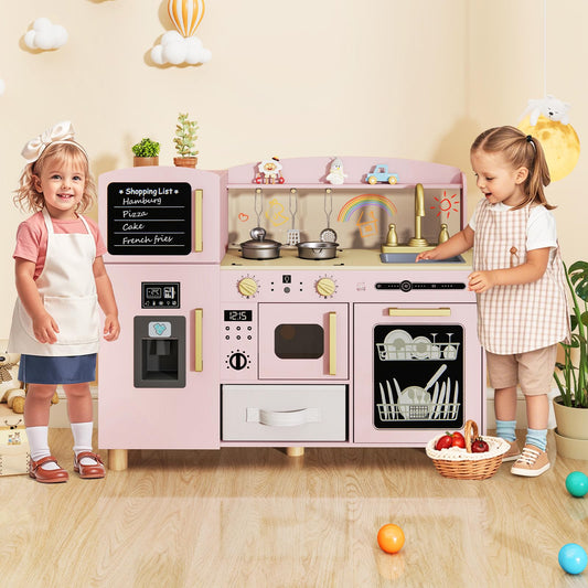 OLAKIDS Kids Kitchen Playset, Toddler Wooden Pretend Cooking Toy Set with Acrylic Drawing Board Ice Machine Dishwasher