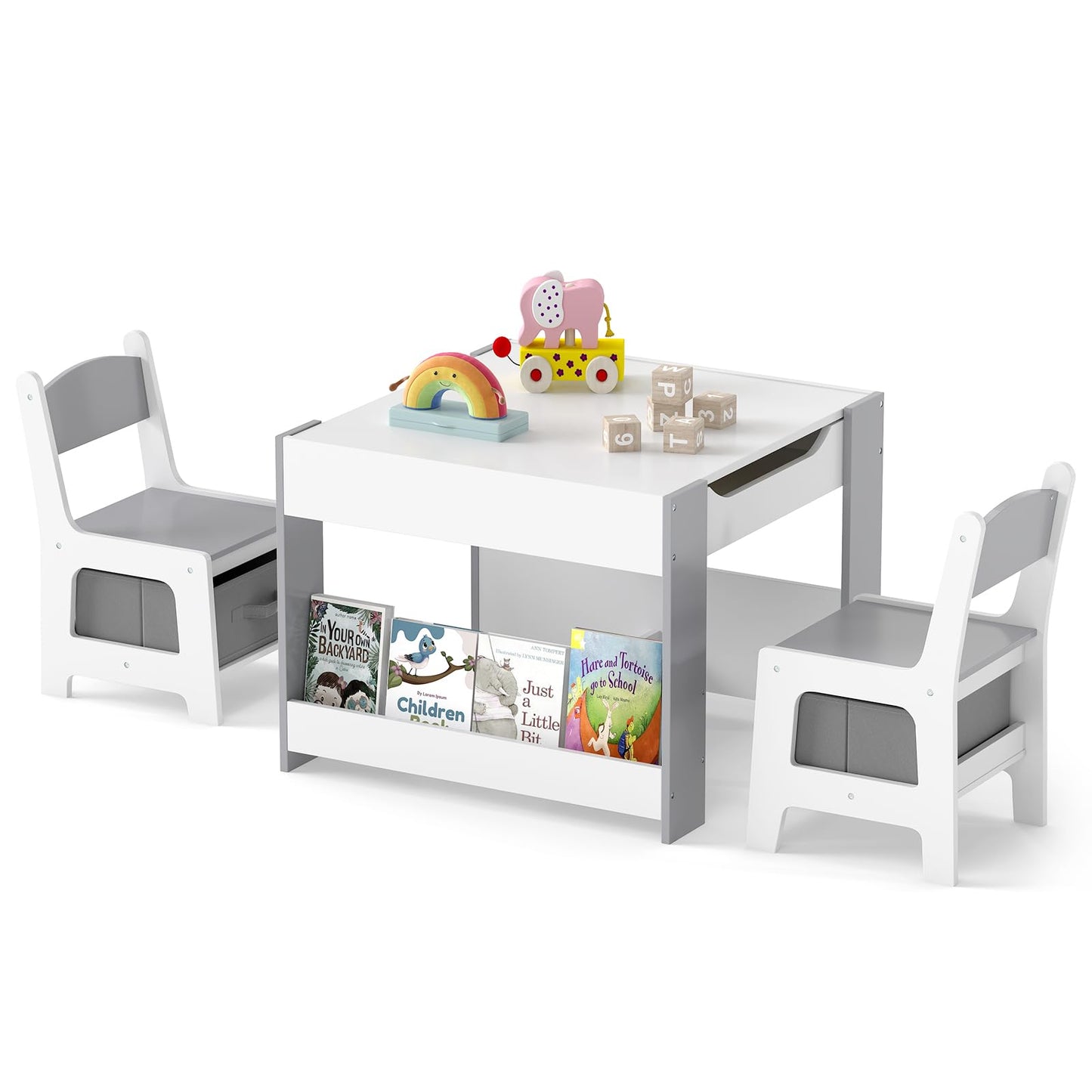 OLAKIDS Kids Table and Chair Set, 4 in 1 Building Block Wooden Activity Desk with Reversible Tabletop for Toddlers