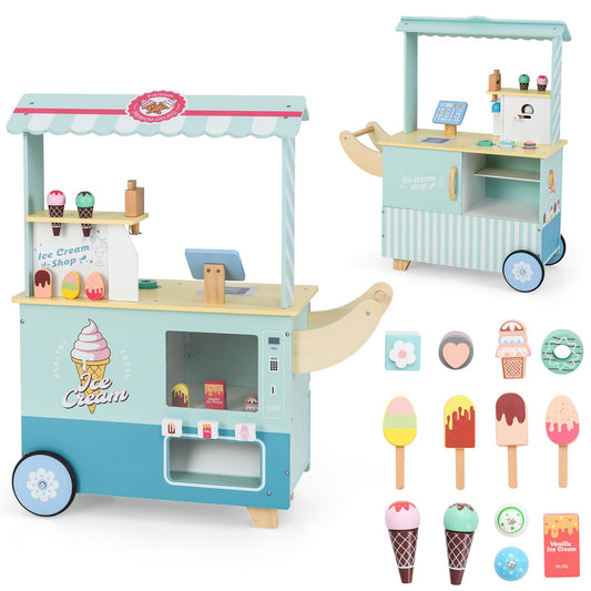 OLAKIDS Ice Cream Cart Grocery Store Marketplace Toy, Market Stand Shop Pretend Play Set with Accessories Gift for Ages 3+
