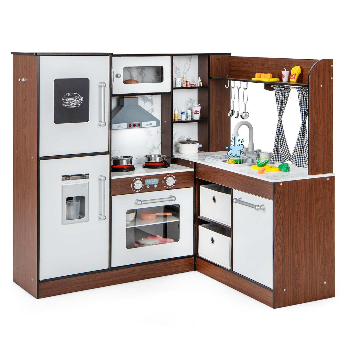 OLAKIDS Corner Kids Kitchen Playset, Ultimate Wooden Pretend Cooking Toy Set with Real Running Water