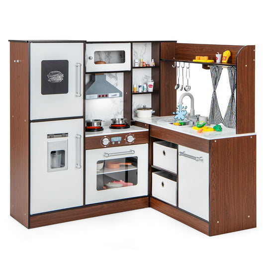 OLAKIDS Corner Kids Kitchen Playset, Ultimate Wooden Pretend Cooking Toy Set with Real Running Water