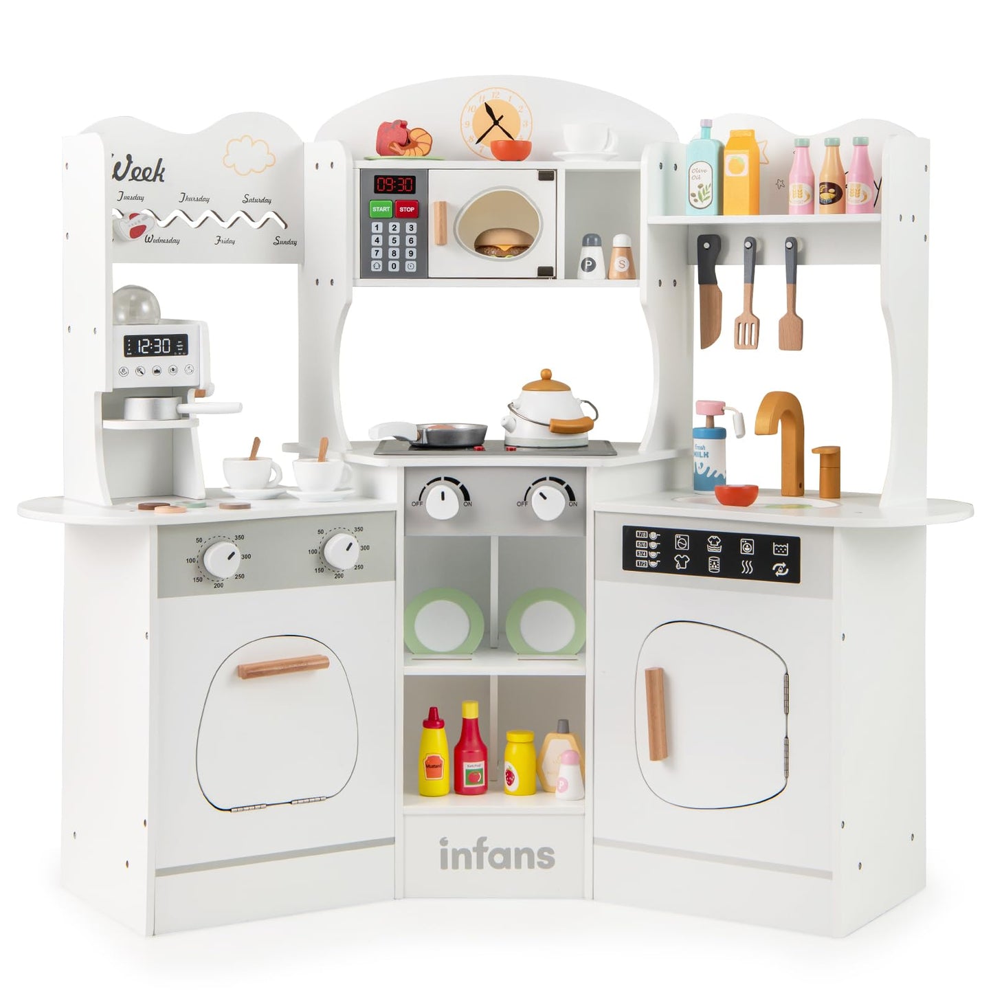 OLAKIDS Corner Kids Kitchen Playset, Toddler Wooden Pretend Cooking Set with Lights Sounds Coffee Machine Washing Machine