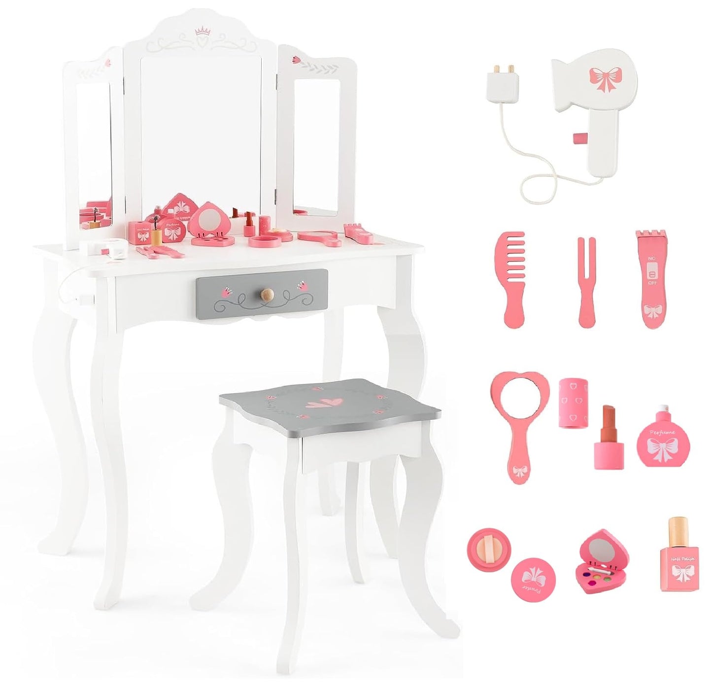 OLAKIDS Kids Vanity, 2 in 1 Princess Makeup Desk Set, Wooden Dressing Table, Pretend Play Vanity Set