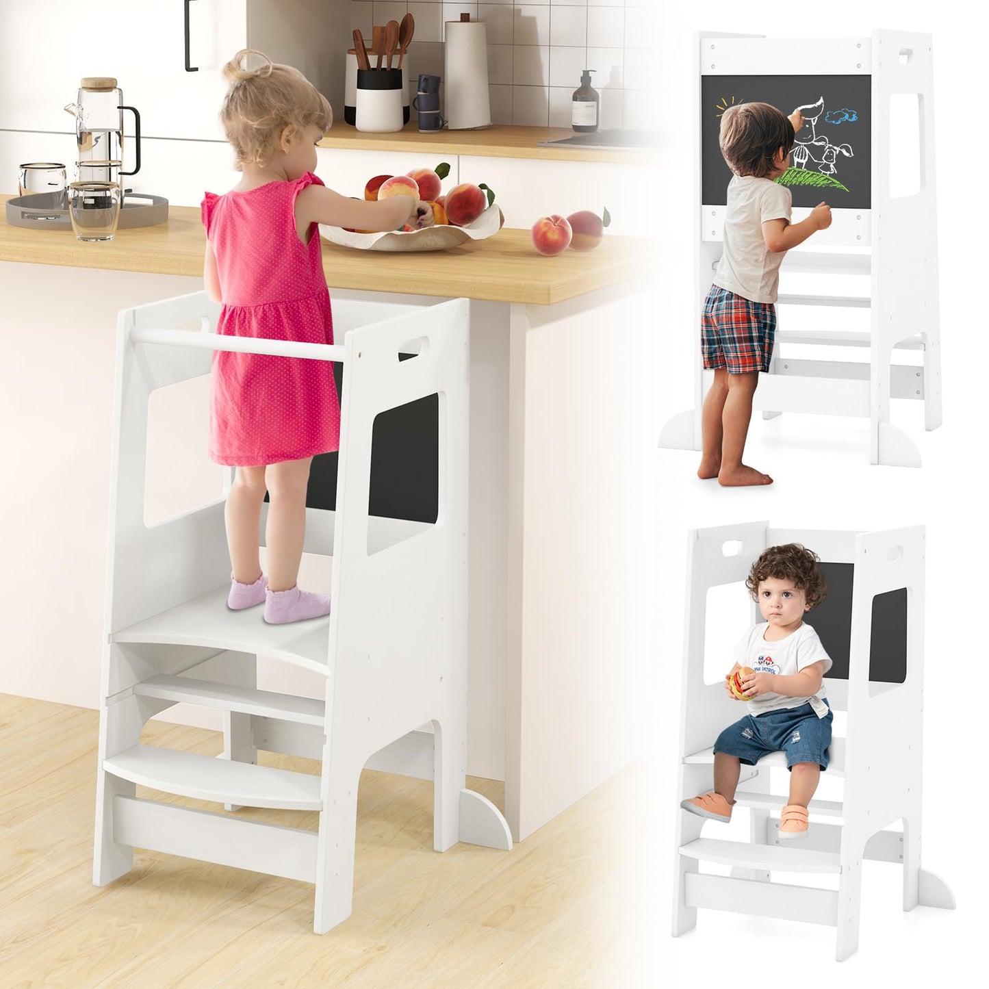 OLAKIDS Toddler Standing Tower, Kids Montessori Kitchen Step Stool Helper with 2 Adjustable Height Learning Blackboard Safety Rail