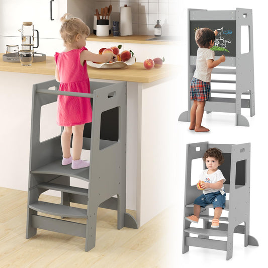 OLAKIDS Toddler Standing Tower, Kids Montessori Kitchen Step Stool Helper with 2 Adjustable Height Learning Blackboard Safety Rail