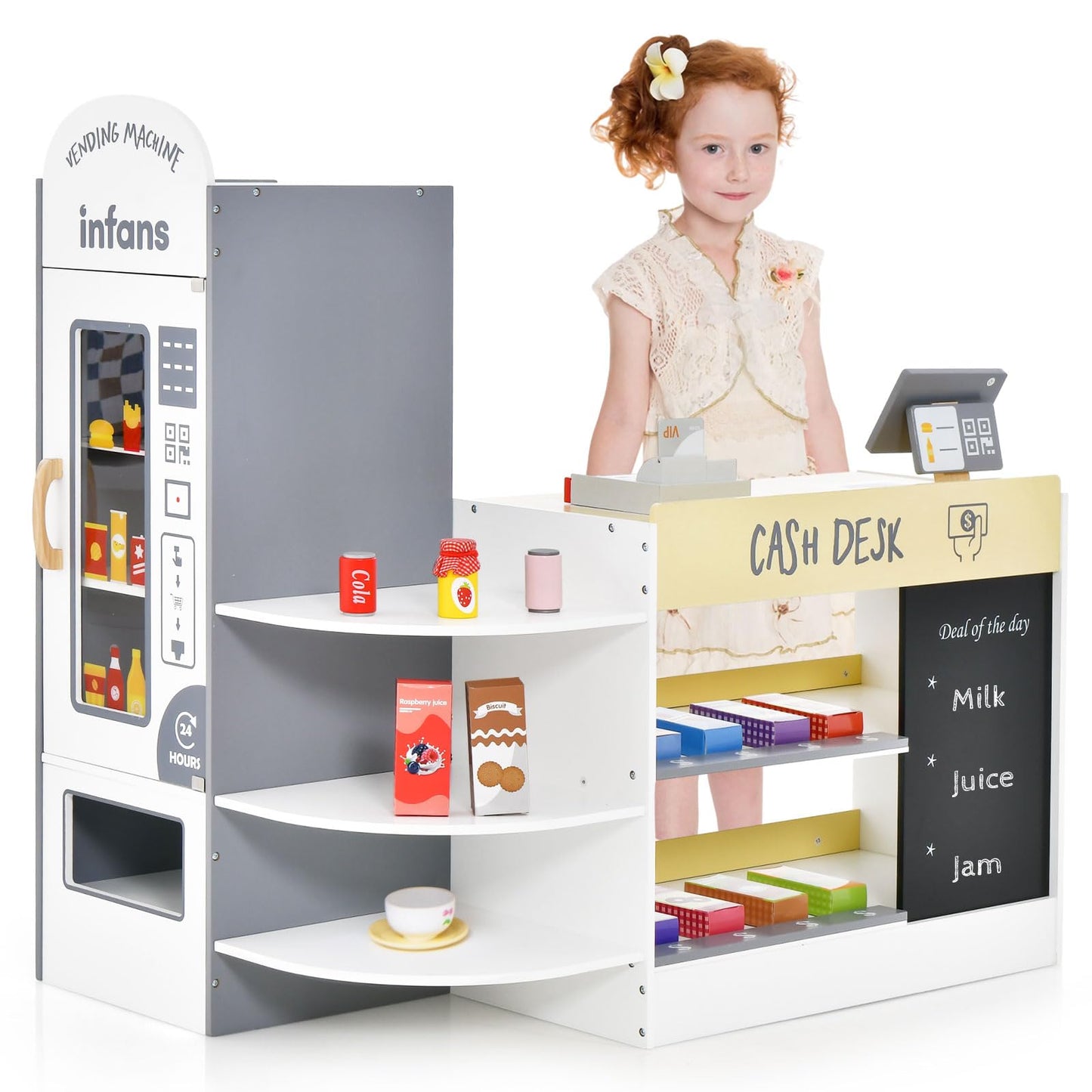 OLAKIDS Kids Grocery Store Playset, Wooden Supermarket Toy Set with Cash Register, Vending Machine, Pretend Play Store