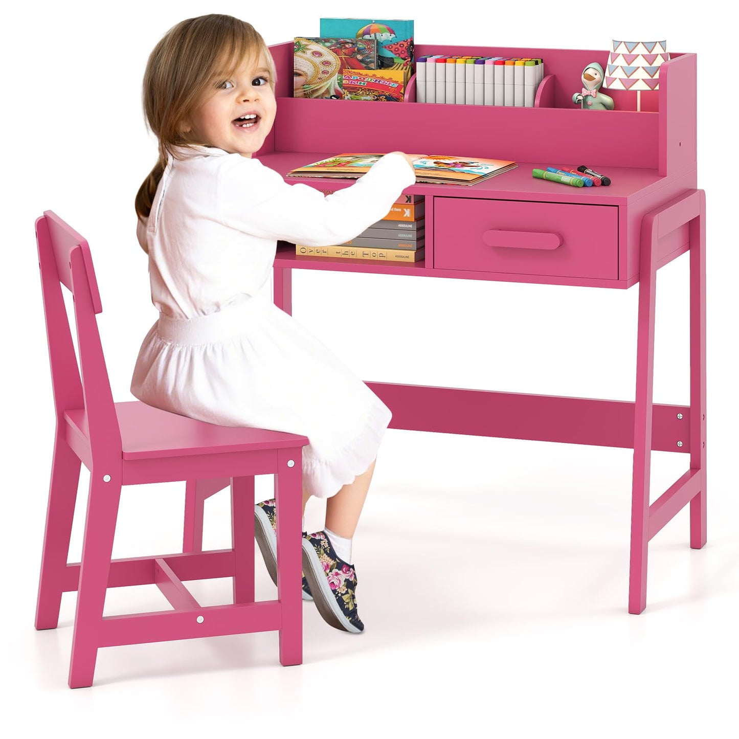 OLAKIDS Table and Chair Set, Toddler Wooden Student Study Desk with Chair Storage Hutch Compartments Drawers