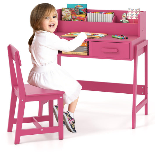OLAKIDS Table and Chair Set, Toddler Wooden Student Study Desk with Chair Storage Hutch Compartments Drawers