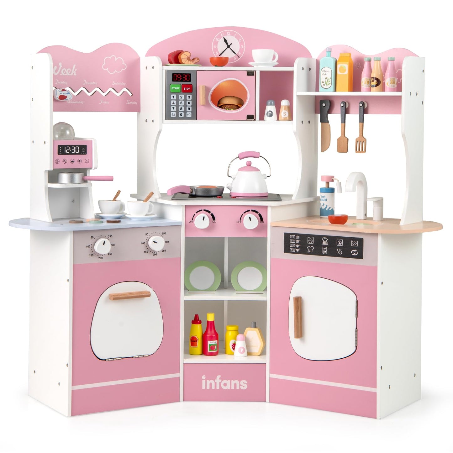 OLAKIDS Corner Kids Kitchen Playset, Toddler Wooden Pretend Cooking Set with Lights Sounds Coffee Machine Washing Machine