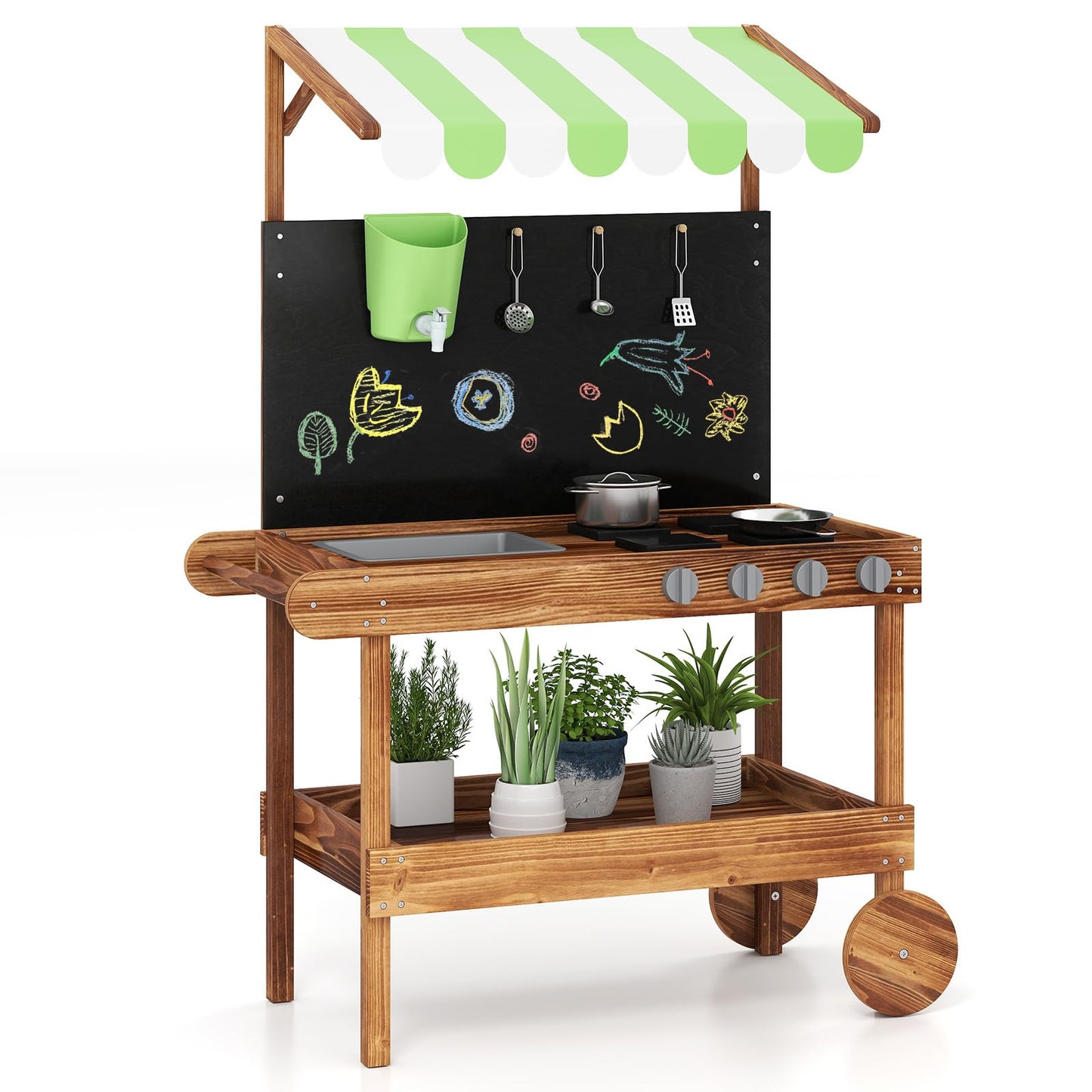 OLAKIDS Mud Kitchen, Outdoor Play Kitchen with Drawing Board, Real Water Flow, Wooden Kids Kitchen Playset Gift