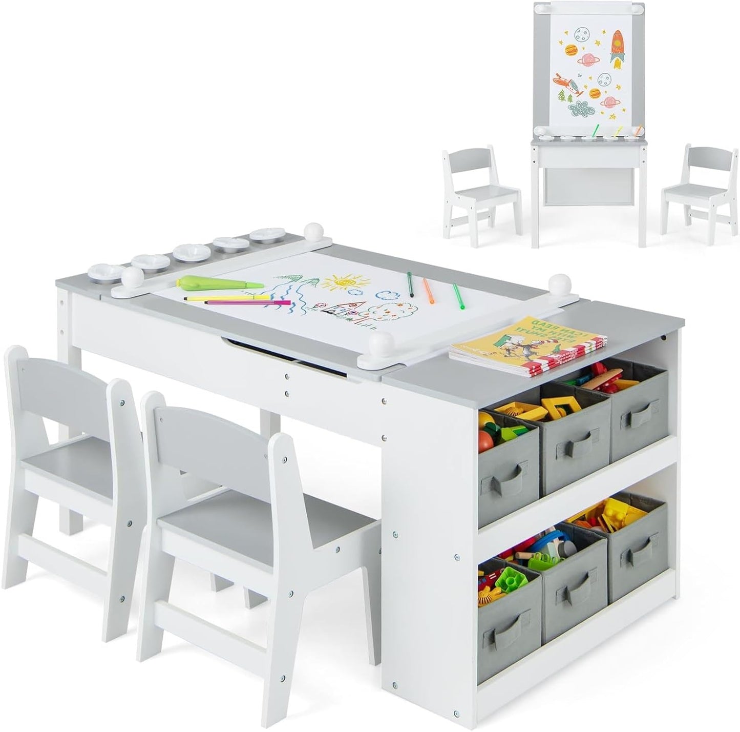 OLAKIDS 3 in 1 Kids Art Table and Chair Set, Toddler Craft Play Wood Activity Desk with 2 Chairs Storage Canvas Bins