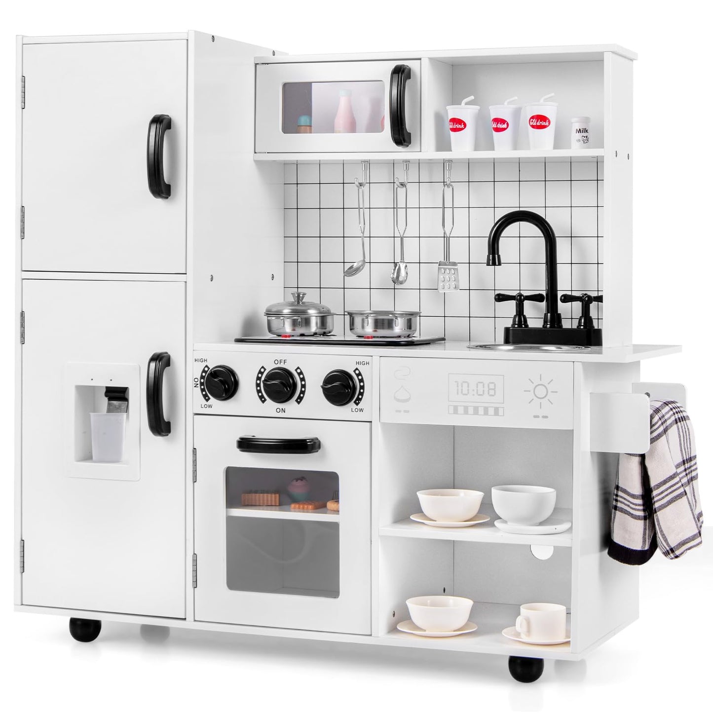 OLAKIDS Play Kitchen for Kids, Wooden Kids Play Kitchen Playset with Realistic Light & Sounds, Children Pretend Cooking Toy Set