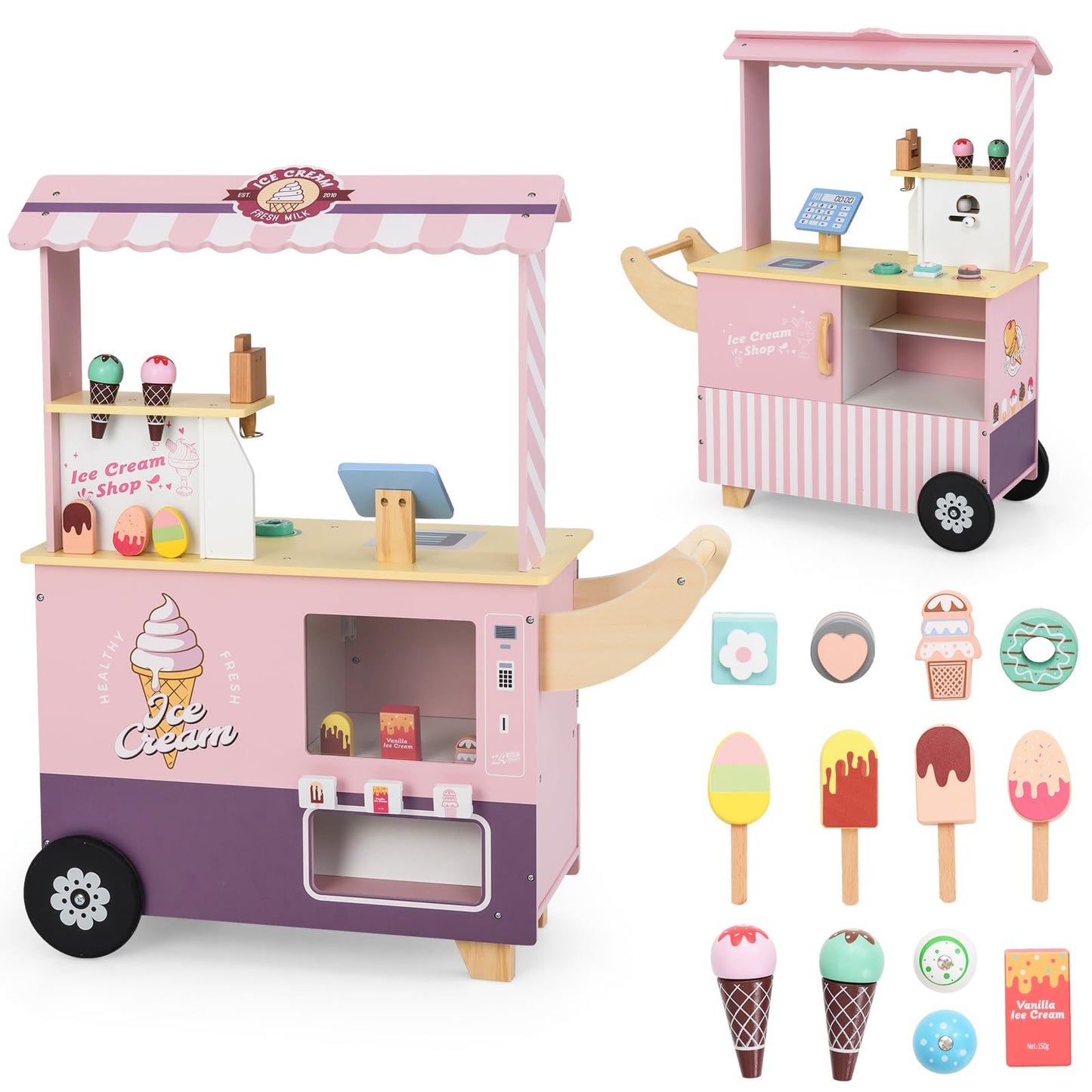 OLAKIDS Ice Cream Cart Grocery Store Marketplace Toy, Market Stand Shop Pretend Play Set with Accessories Gift for Ages 3+