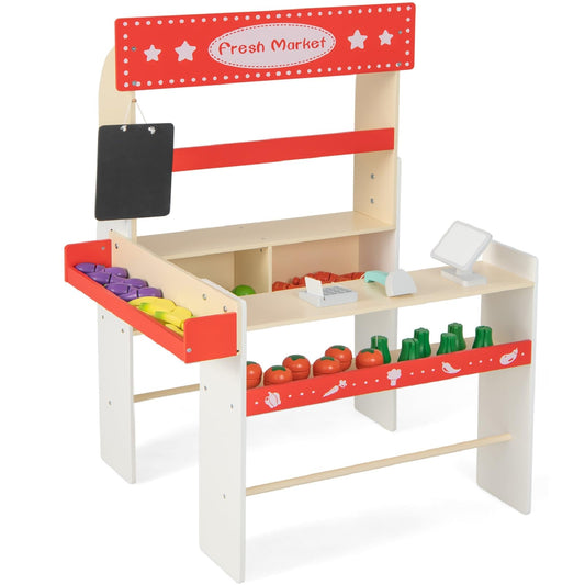 OLAKIDS Grocery Store Marketplace Toy, Kids Wooden Market Stand Pretend Play Set