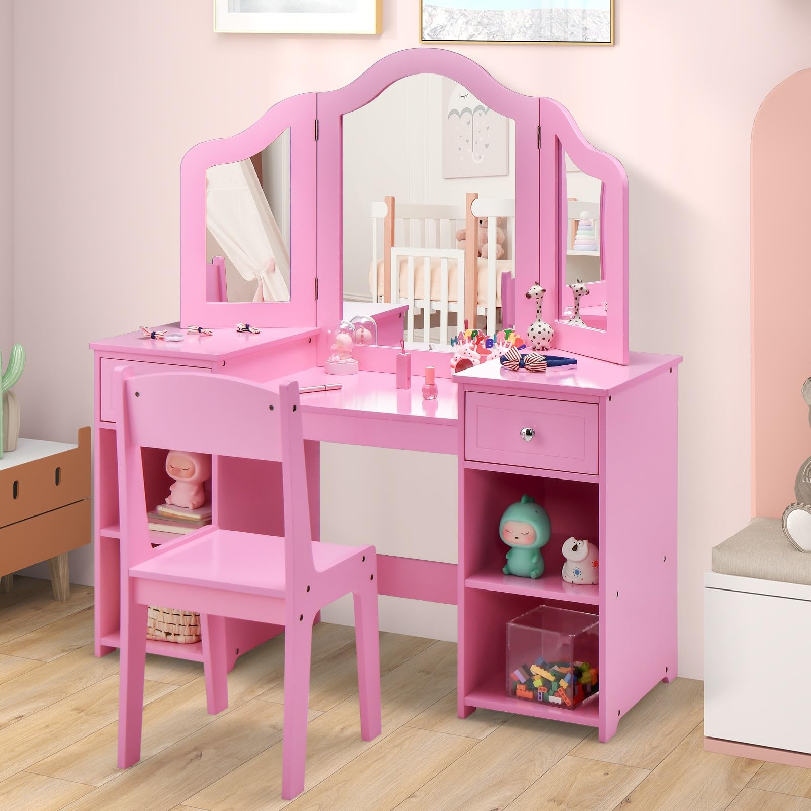OLAKIDS Kids Vanity, 2 in 1 Princess Makeup Desk and Chair Set