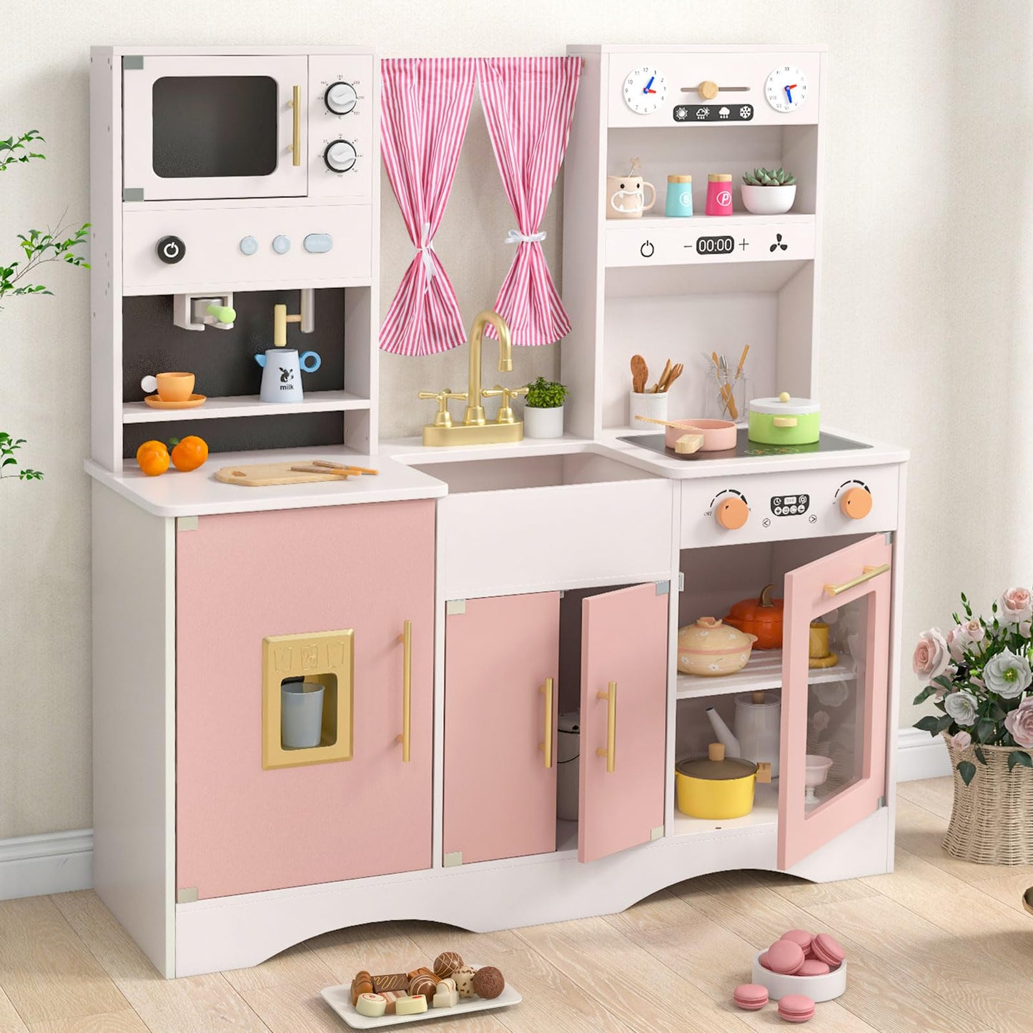 OLAKIDS Kids Kitchen Playset Cooking Toy Kitchen Set with Coffee Machine Stove Removable Sink Microwave Storage Cabinet