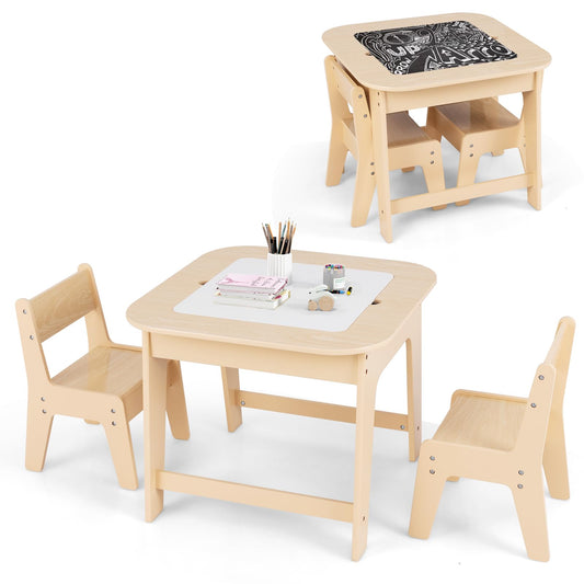 OLAKIDS Kids Table and Chair Set, 3 in 1 Wooden Activity Table with Removable Tabletop, Blackboard and Whiteboard
