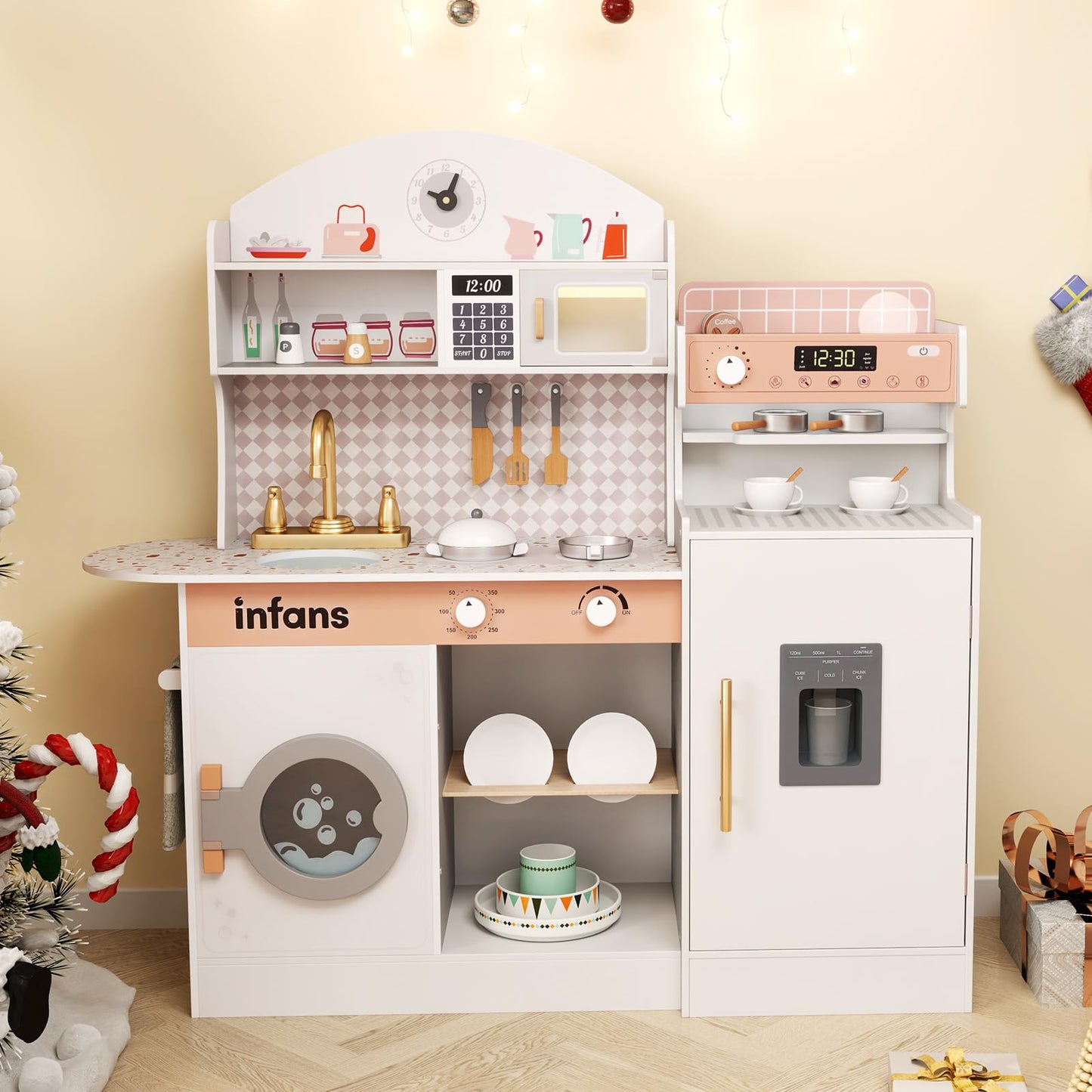 OLAKIDS Kids Kitchen Playset, Toddler Wooden Kitchen Pretend Cooking Toy Set with Coffee Maker