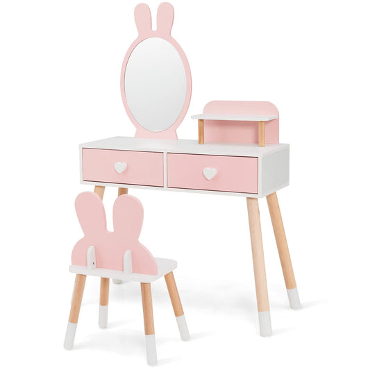 OLAKIDS Kids Vanity Set, 2 in 1 Wooden Princess Makeup Table and Chair with Mirror OLAKIDS