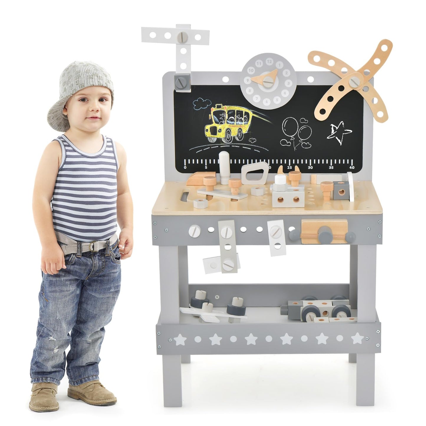 OLAKIDS Tool Bench Set for Toddlers, Kids Wooden Workbench with Blackboard Construction Building Tools and 62 Accessories