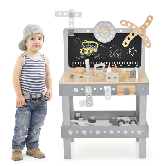 OLAKIDS Tool Bench Set for Toddlers, Kids Wooden Workbench with Blackboard Construction Building Tools and 62 Accessories