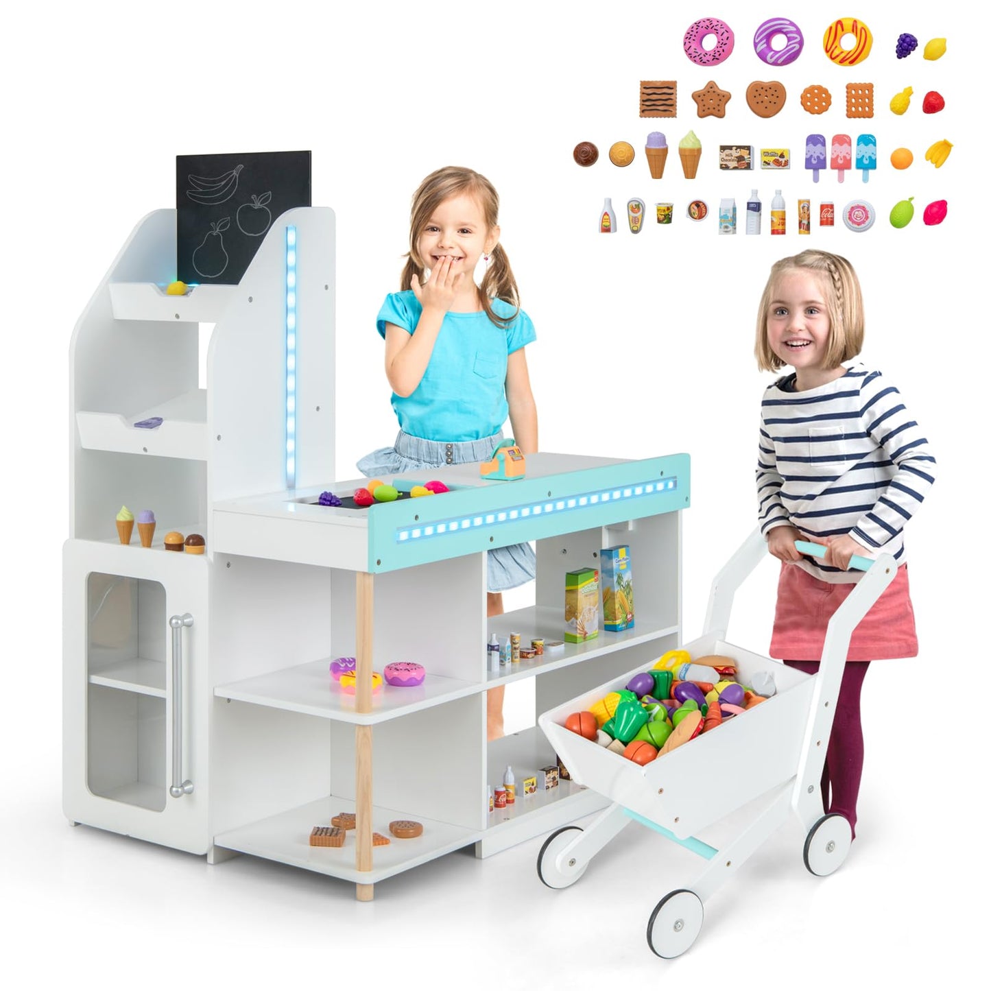 OLAKIDS Kids Grocery Store Playset, Wooden Pretend Play Supermarket with LED Lights, Market Stand Toy