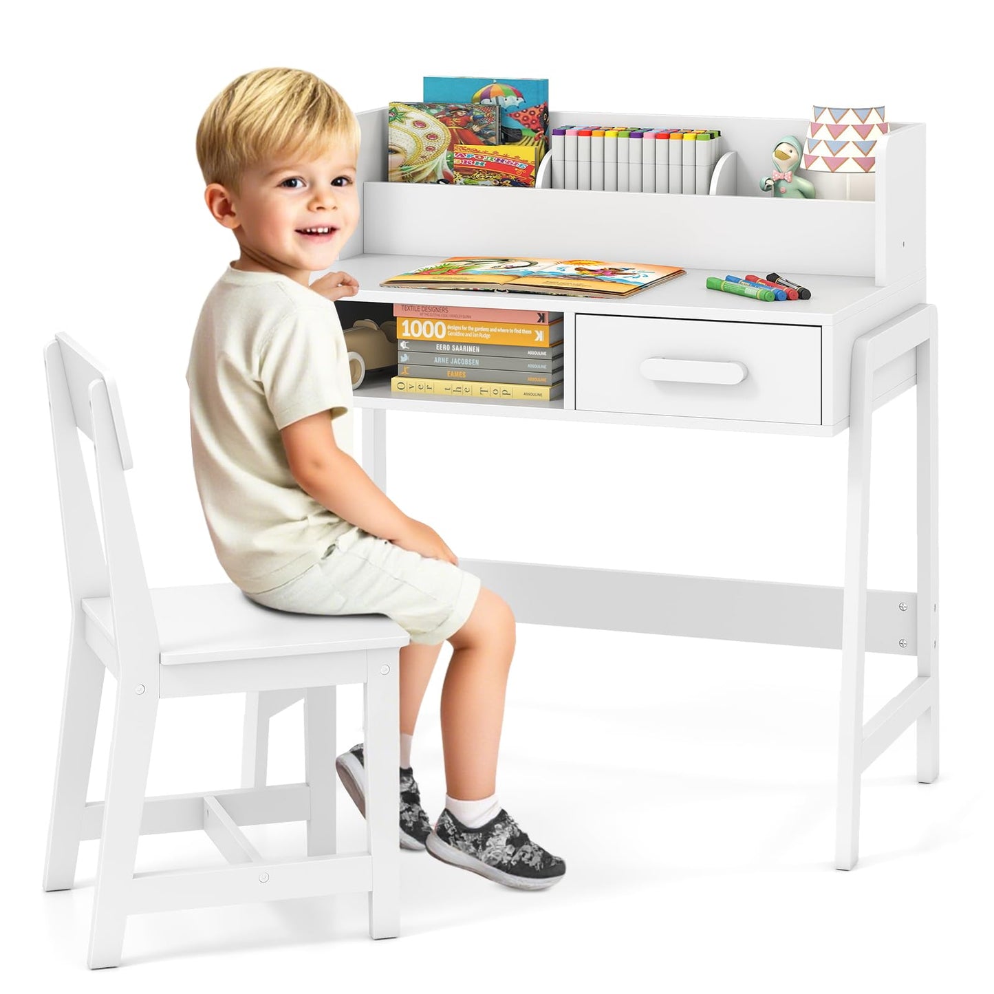 OLAKIDS Table and Chair Set, Toddler Wooden Student Study Desk with Chair Storage Hutch Compartments Drawers
