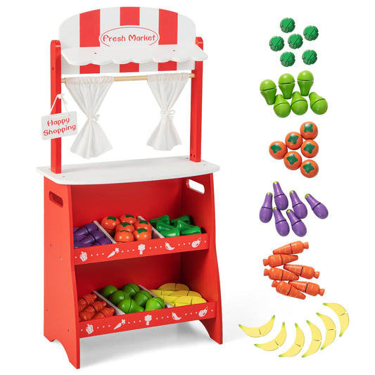 OLAKIDS Grocery Store Marketplace Toy for Kids, Wooden Market Stand Pretend Play Set with 36 Cutting Vegetables Fruits Pieces