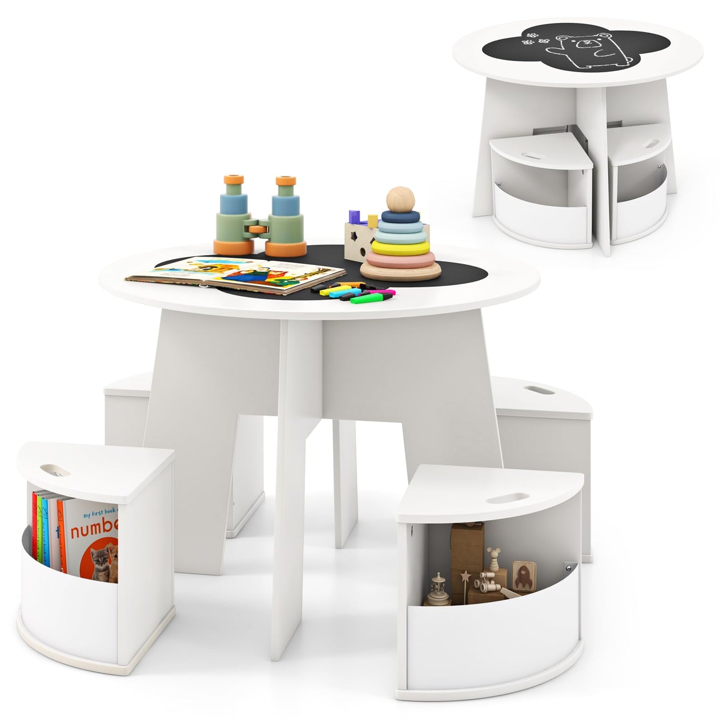 OLAKIDS Toddler Table and Chair Set with 4 Storage Stools, Wooden Flower Shaped Nesting Table with Blackboard Drawers