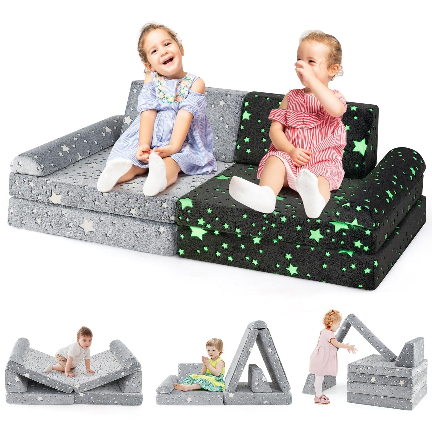 OLAKIDS Modular Kids Play Couch, 8 PCS Toddler Creative Sectional Fort Building Sofa, Convertible Soft Foam Floor Cushion