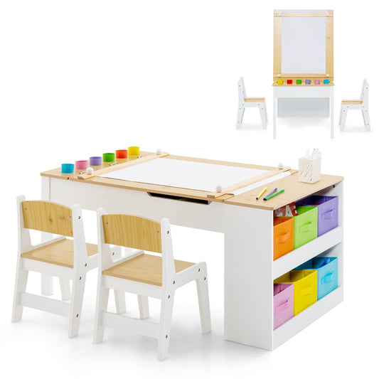 OLAKIDS 3 in 1 Kids Art Table and Chair Set, Toddler Craft Play Wood Activity Desk with 2 Chairs Storage Canvas Bins