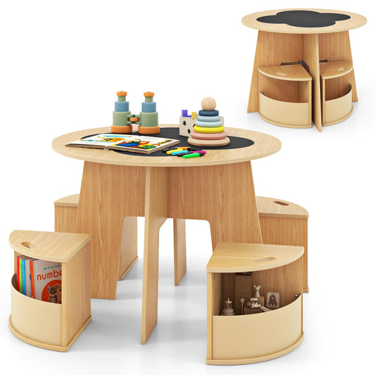 OLAKIDS Toddler Table and Chair Set with 4 Storage Stools, Wooden Flower Shaped Nesting Table with Blackboard Drawers