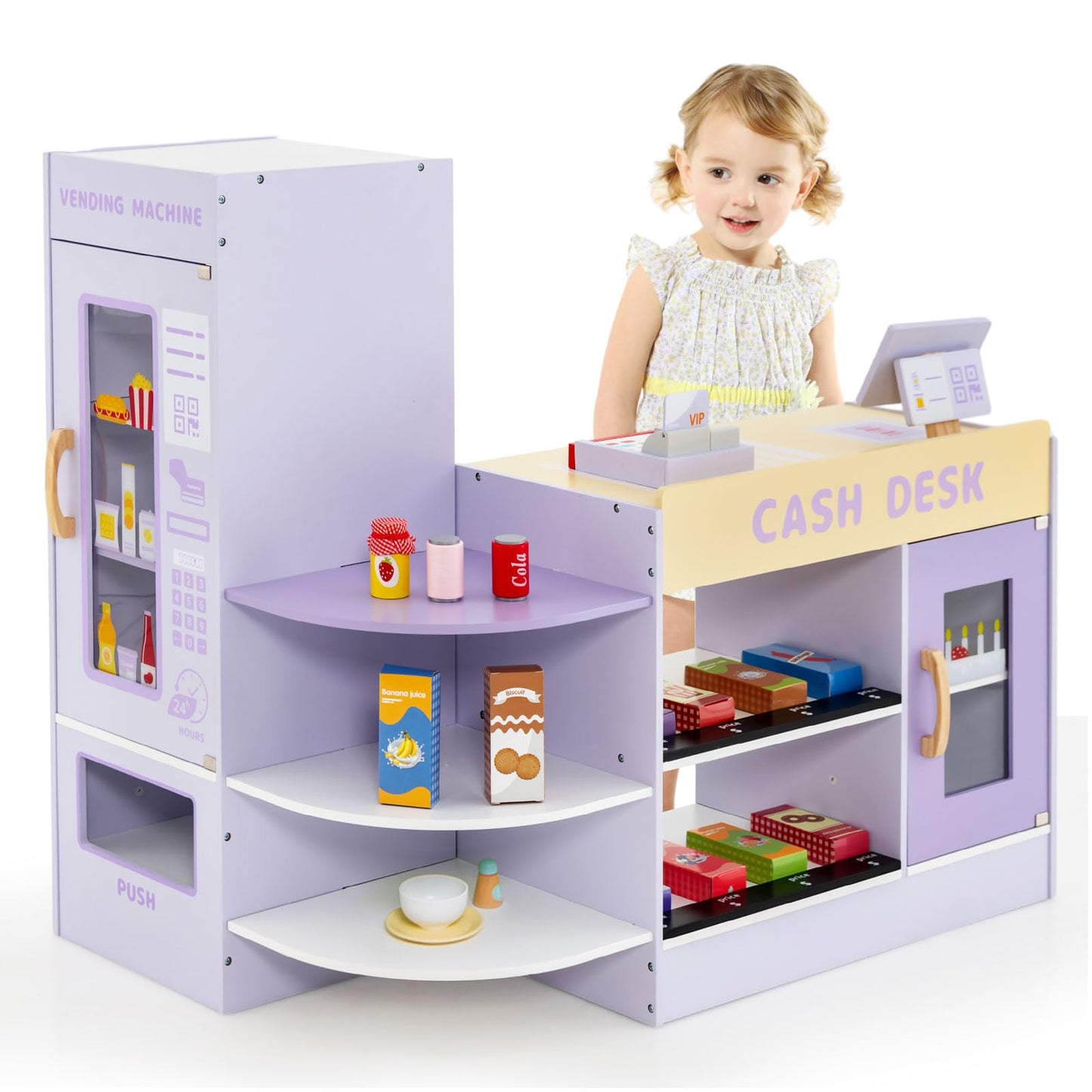 OLAKIDS Kids Grocery Store Playset, Wooden Supermarket Toy Set with Cash Register, Vending Machine, Pretend Play Store