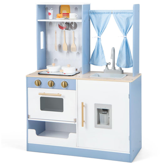 OLAKIDS Kid Kitchen Playset, Toddler Wooden Pretend Cooking Set with Realistic Light & Sound, Stove, Microwave