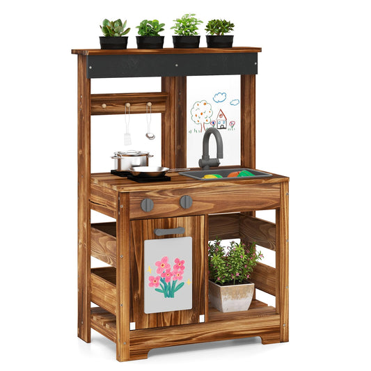 OLAKIDS Mud Kitchen, Outdoor Play Kitchen with Drawing Board, Cooking Accessories, Wooden Kids Kitchen Playset