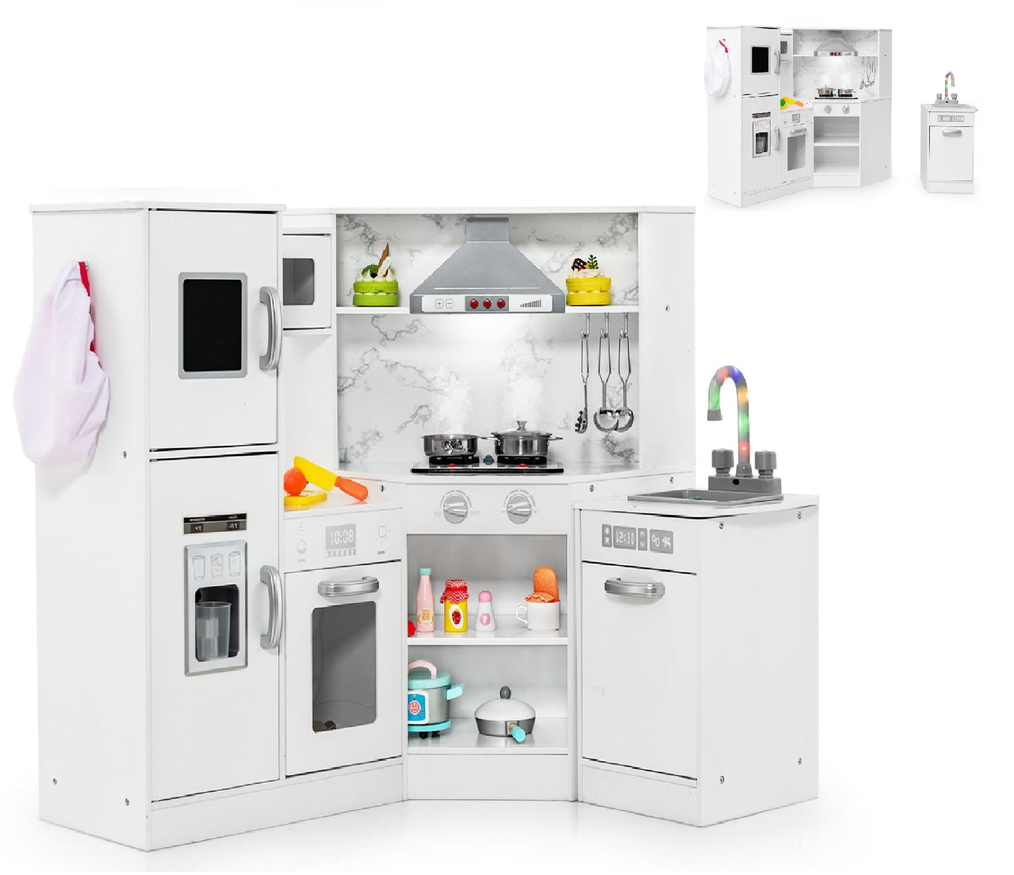 OLAKIDS Corner Kids Kitchen Playset, Toddler Wooden Pretend Cooking Set with Realistic Light Sound Stove