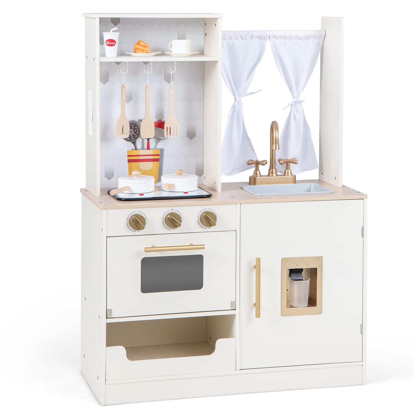 OLAKIDS Kid Kitchen Playset, Toddler Wooden Pretend Cooking Set with Realistic Light & Sound, Stove, Microwave