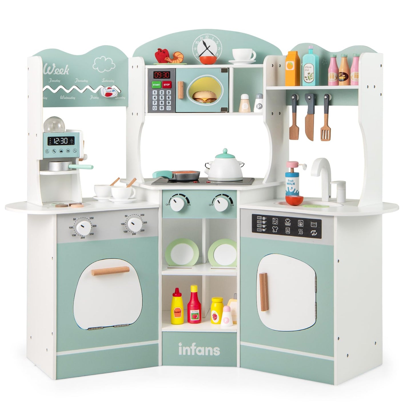 OLAKIDS Corner Kids Kitchen Playset, Toddler Wooden Pretend Cooking Set with Lights Sounds Coffee Machine Washing Machine