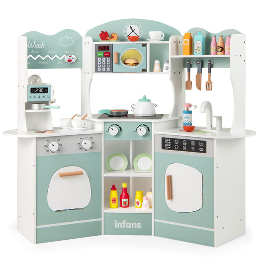 OLAKIDS Corner Kids Kitchen Playset, Toddler Wooden Pretend Cooking Set with Lights Sounds Coffee Machine Washing Machine