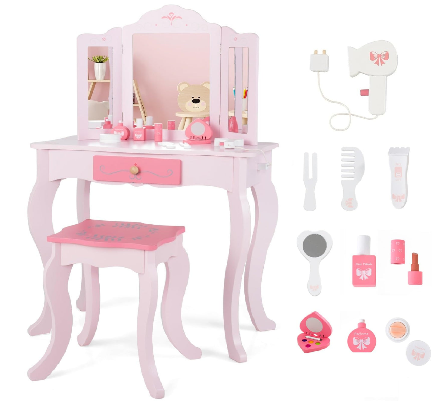 OLAKIDS Kids Vanity, 2 in 1 Princess Makeup Desk Set, Wooden Dressing Table, Pretend Play Vanity Set