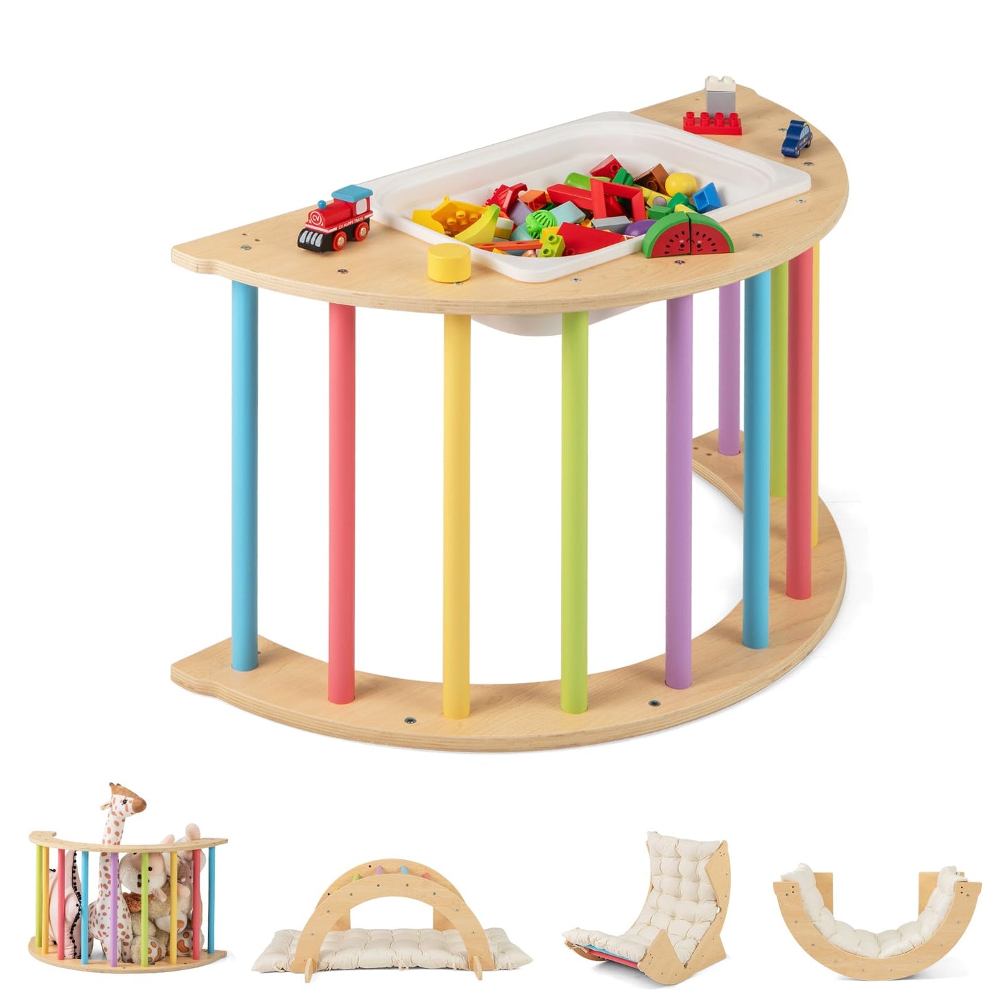 OLAKIDS Wooden Arch Climber Rocker with Soft Cushion, 6 in 1 Montessori Climbing Toys for Toddlers, Gym Playset Gift for Kids
