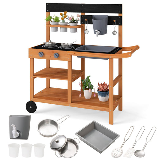 OLAKIDS Mud Kitchen for Kids Outdoor, Wooden Toddler Play Kitchen with Cooking Accessories, Toy Playset for Backyard Garden