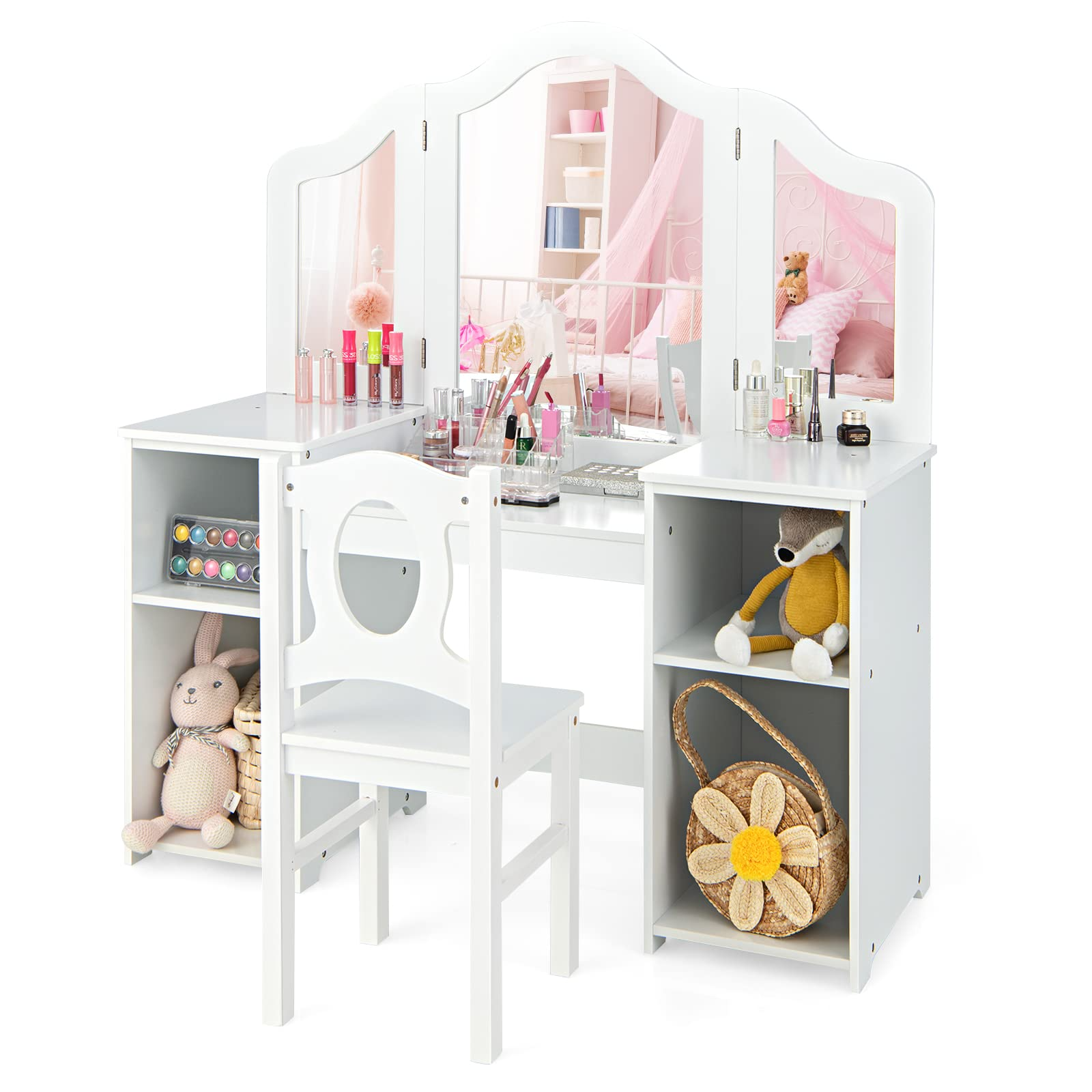 2 in 1 Princess Makeup Desk & Chair Set with Tri-Folding Detachable Mirror OLAKIDS