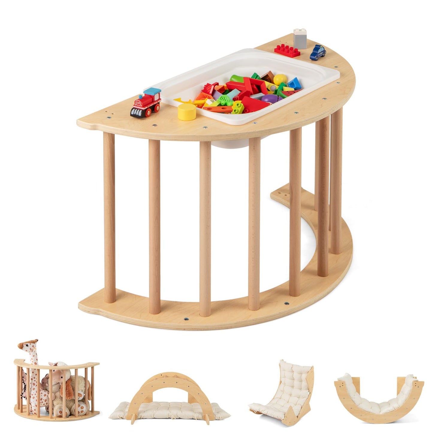 OLAKIDS Wooden Arch Climber Rocker with Soft Cushion, 6 in 1 Montessori Climbing Toys for Toddlers, Gym Playset Gift for Kids