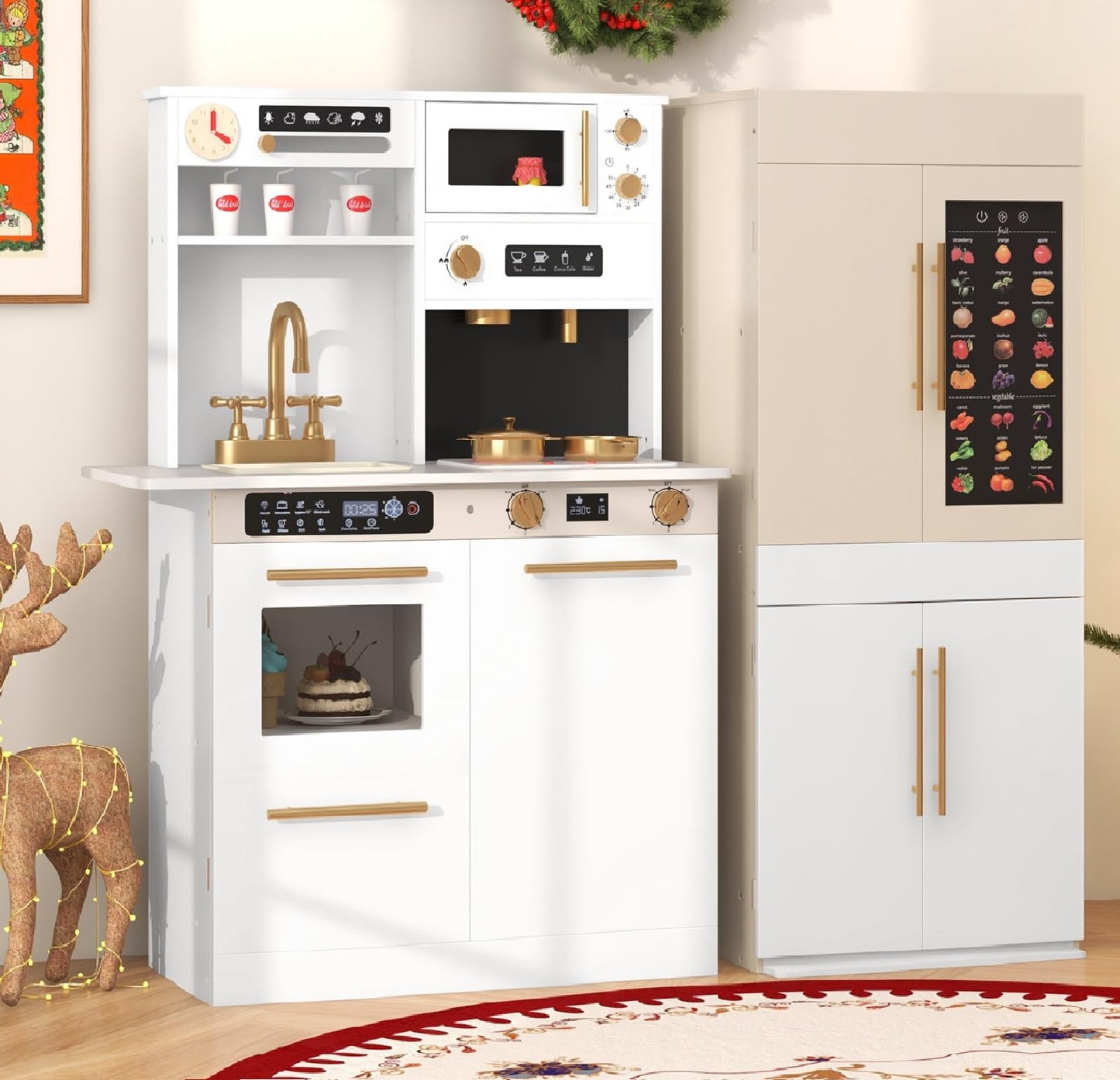 OLAKIDS Play Kitchen for Kids, 2-Piece Fridge Refrigerator Playset Combination with Electronic Interactive Alphabet Wall Chart