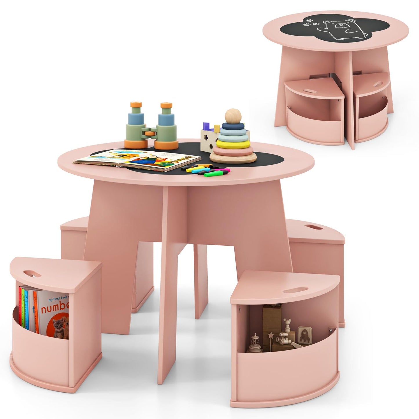 OLAKIDS Toddler Table and Chair Set with 4 Storage Stools, Wooden Flower Shaped Nesting Table with Blackboard Drawers