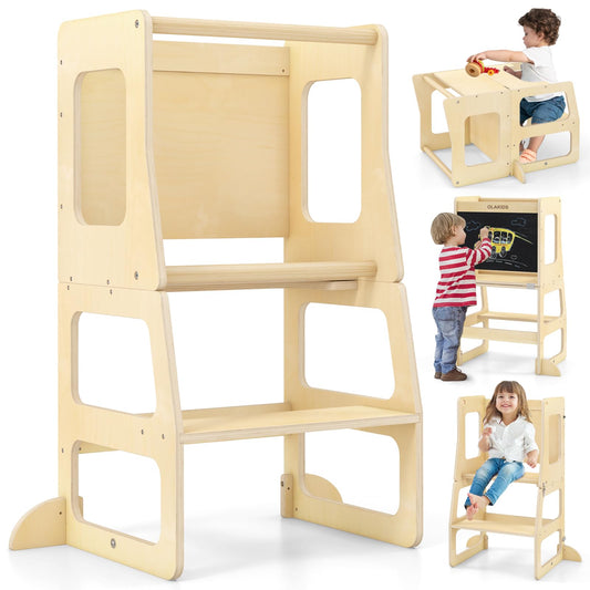 OLAKIDS Toddler Tower, 4 in 1 Foldable Kitchen Stool Helper Learning Standing Tower, Kids Wooden Collapsible Table and Chair Set