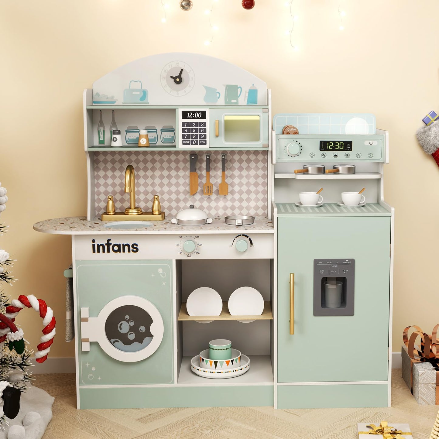 OLAKIDS Kids Kitchen Playset, Toddler Wooden Kitchen Pretend Cooking Toy Set with Coffee Maker